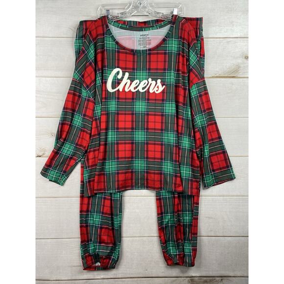 Joyspun Two Piece Pajama Set Womens 3X 22W 24W Red Green Plaid Holiday Cheers - Picture 1 of 14